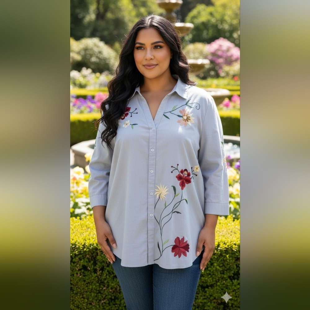New 2X Serengeti 3/4 long sleeve roll tab button embroidered shirt floral COTTON